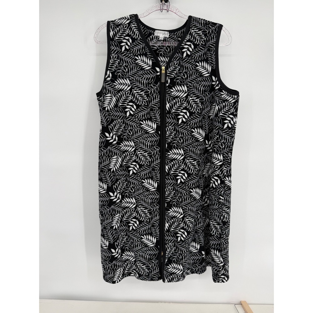 Vanity Fair Sleeveless Zip Front Leaf Print‎ Midi Dress XL TG 18 Black White